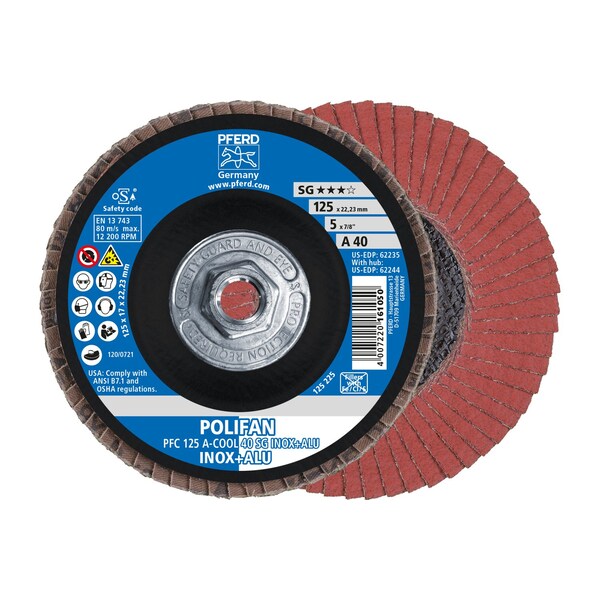 Pferd 5" x 5/8-11 Thd. POLIFAN Flap Disc - A-COOL SG INOX+ALU, Aluminum oxide, 40 Grit, Conical 62244 - main